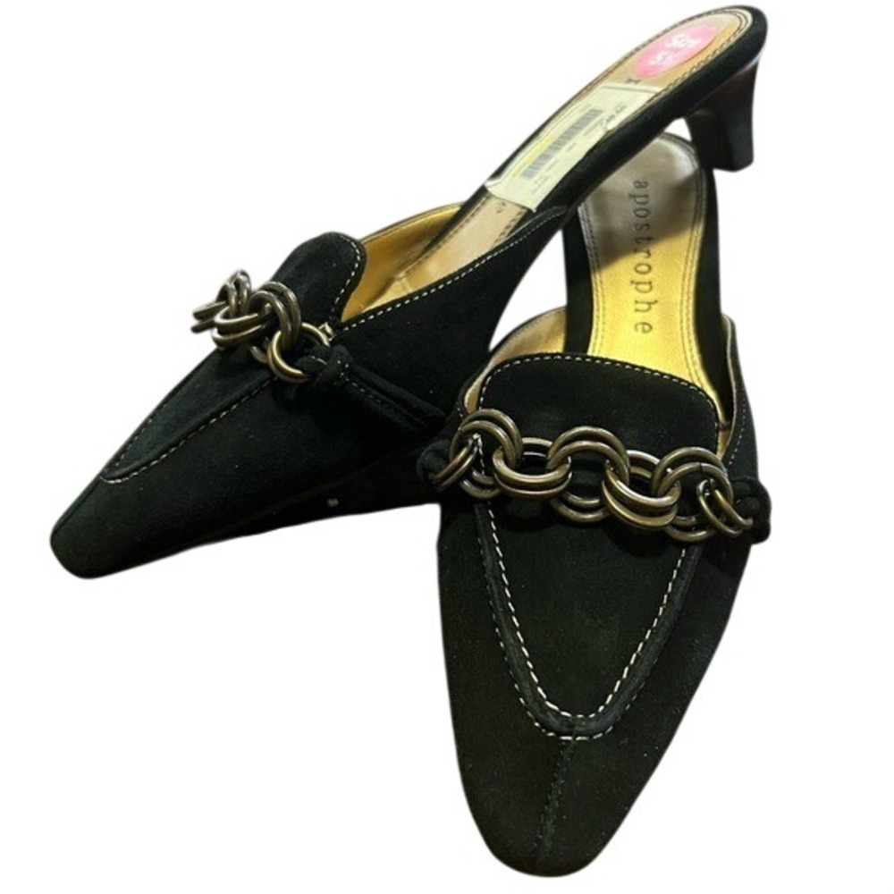 Apostrophe Pippa Pointed Toe Mules Gold Tone Chain Detail Black Kitten Heel Sz 5